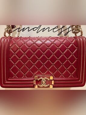 CHANEL Red Lambskin Leather Micro Chain Quilted Medium Le Boy Bag Gold Purse